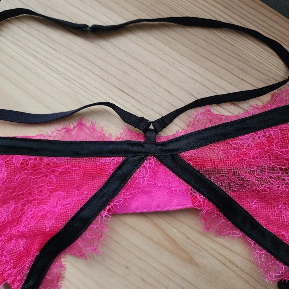 VICTORIA'S SECRET Hot Pink Lace Garter  Harness Cutout Lingerie XS/S